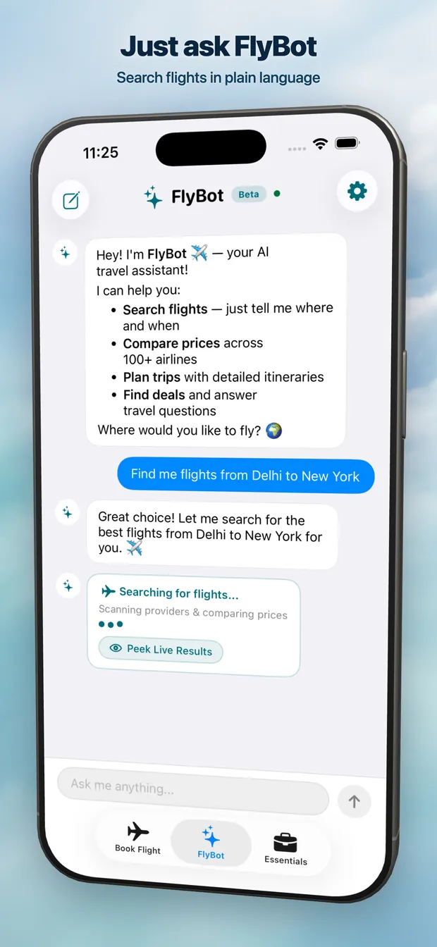 Searching for flights by chatting with FlyBot in the FlyTicket iPhone app
