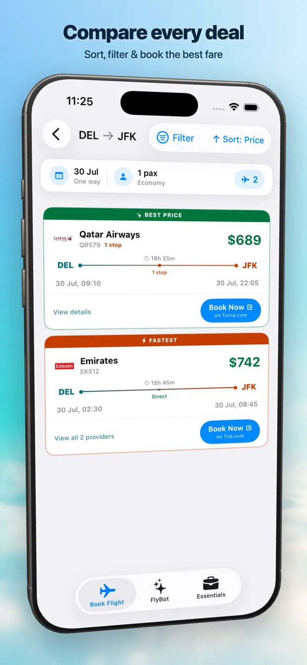 Flight results with sorting and filtering across airlines